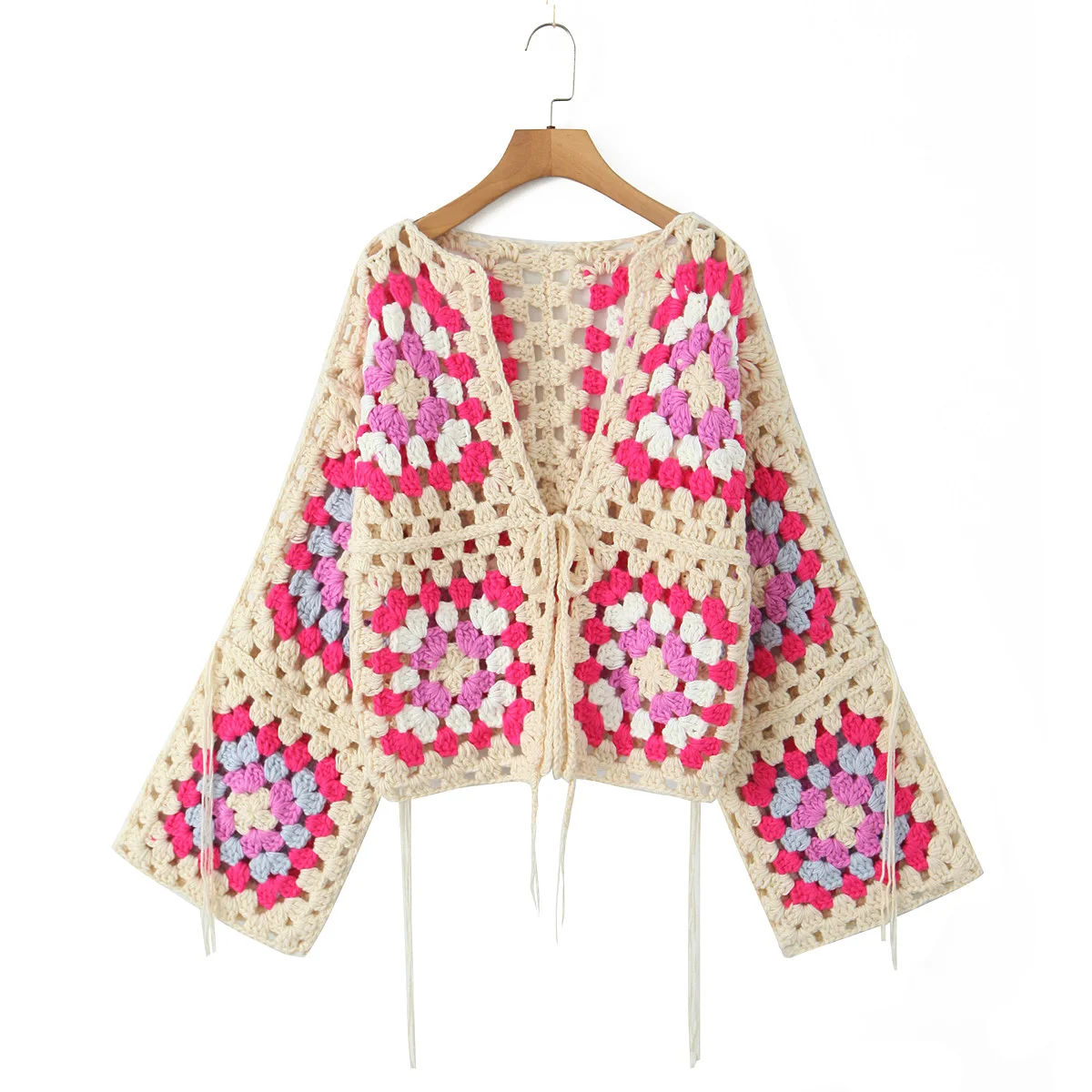 2024 BOHO Colored Plaid Flower Hand Crochet Cardigan Ethnic Woman V neck Bow Lacing up Tassel Sleeve Sweater Knitwear Jumper