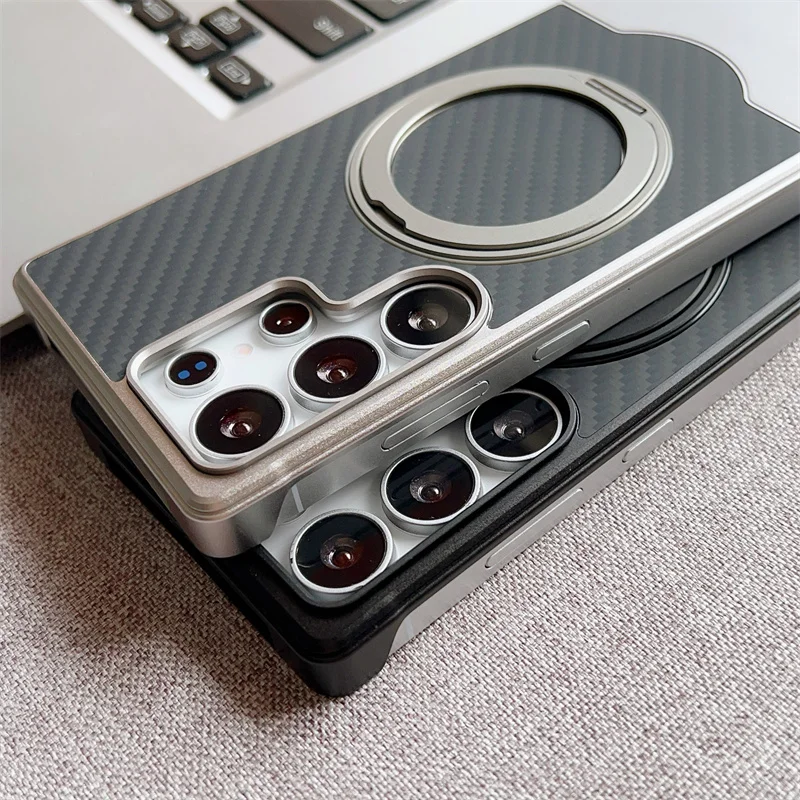 دفع مغناطيسي 360 °   حافظة هاتف معدنية قابلة للدوران لهاتف سامسونج جالاكسي S23 S24 S25 Ultra Magsafe من ألياف الكربون