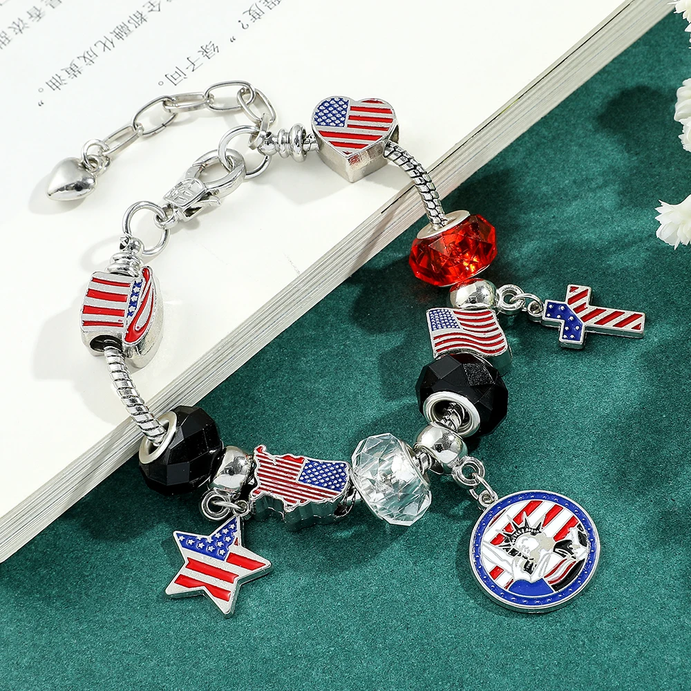 American Patriotic Bracelet USA Flag Alloy Beaded Charms Bangle Jewelry Trend Decoration Accessories Gifts