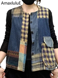 AmaxluluE Summer Chinese Tanks Coats Womens Luxury Vintage Loose Denim Vests Ladies Casual Fashion Patchwork Sleeveless Clothes