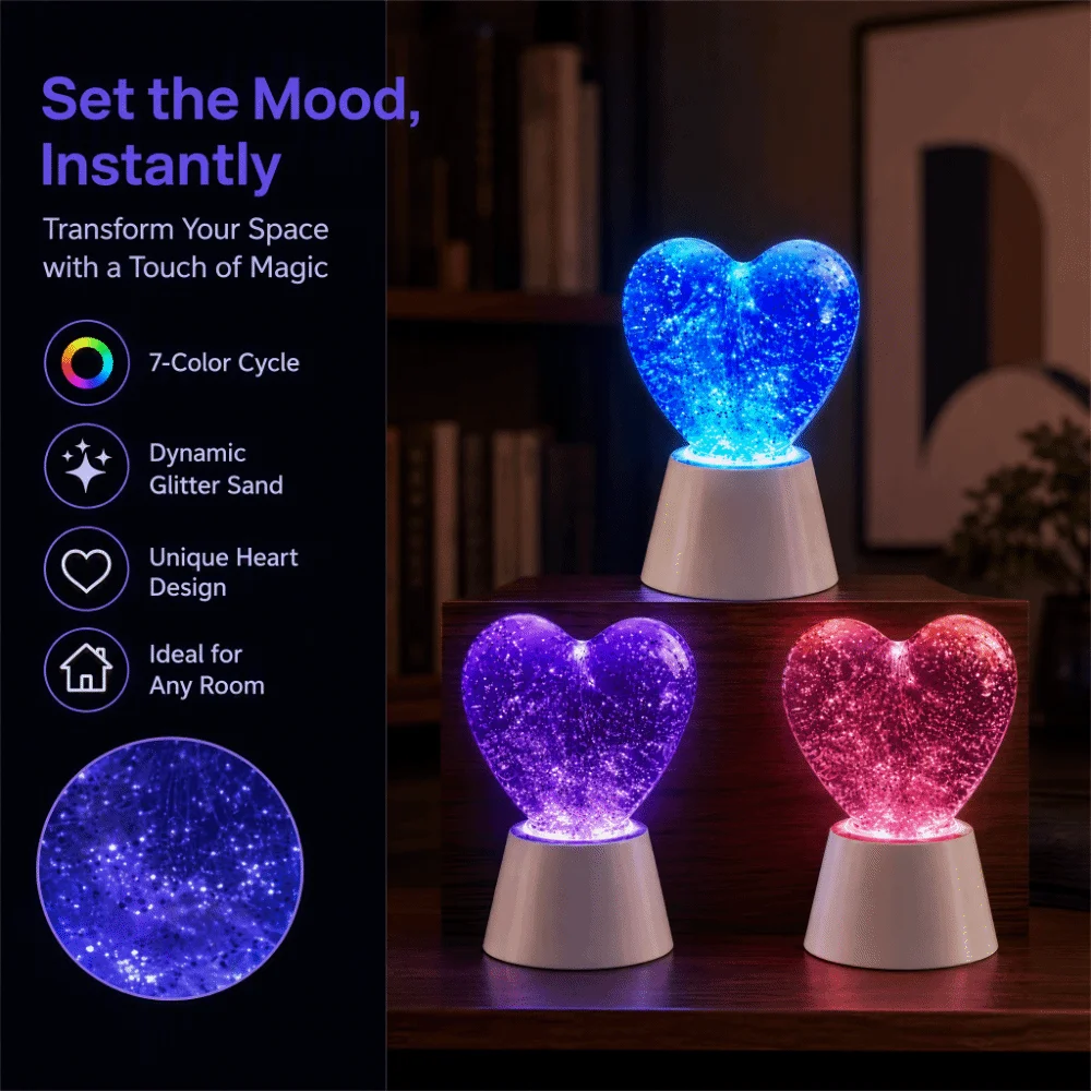 Shaking Color Changing Quicksand Lamp Heart Shape 7 Colors Night Light LED Glitter Ambient Light Desktop