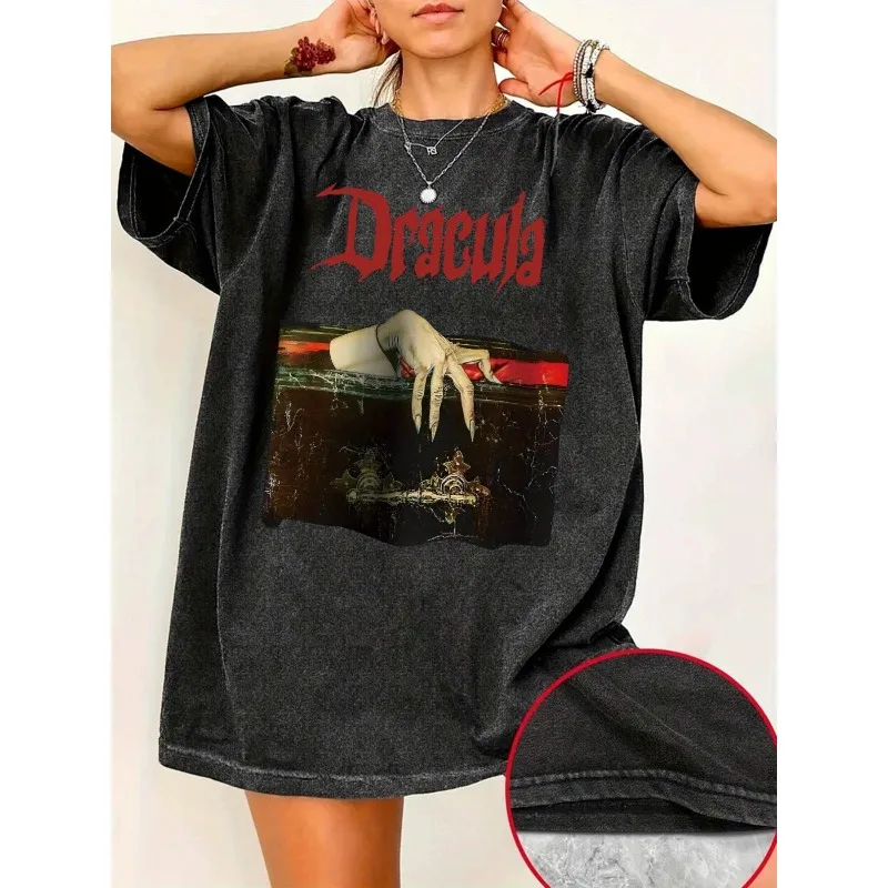 Camiseta Vintage Gótica con Estampado de Castillo de Drácula para Mujer - Estilo Retro Holgado con Hombros Descubiertos y Manga Corta, Tejido Transpirable