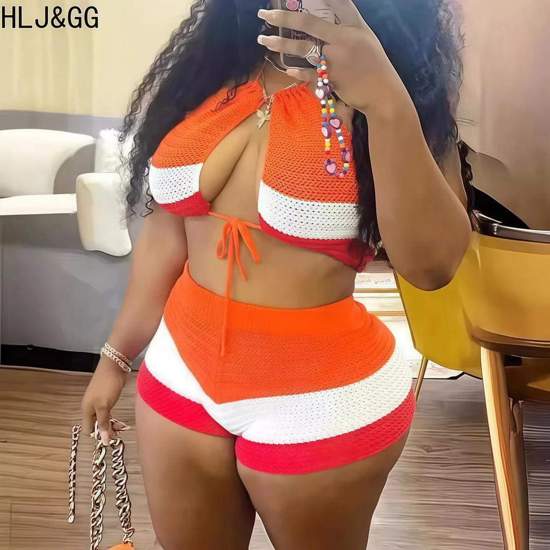 

HLJ&GG Orange Fashion Knit Stripes Hollow Shorts Two Piece Sets Women Halter Lace Up Sleeveless Backless Crop Top+Shorts Outfits