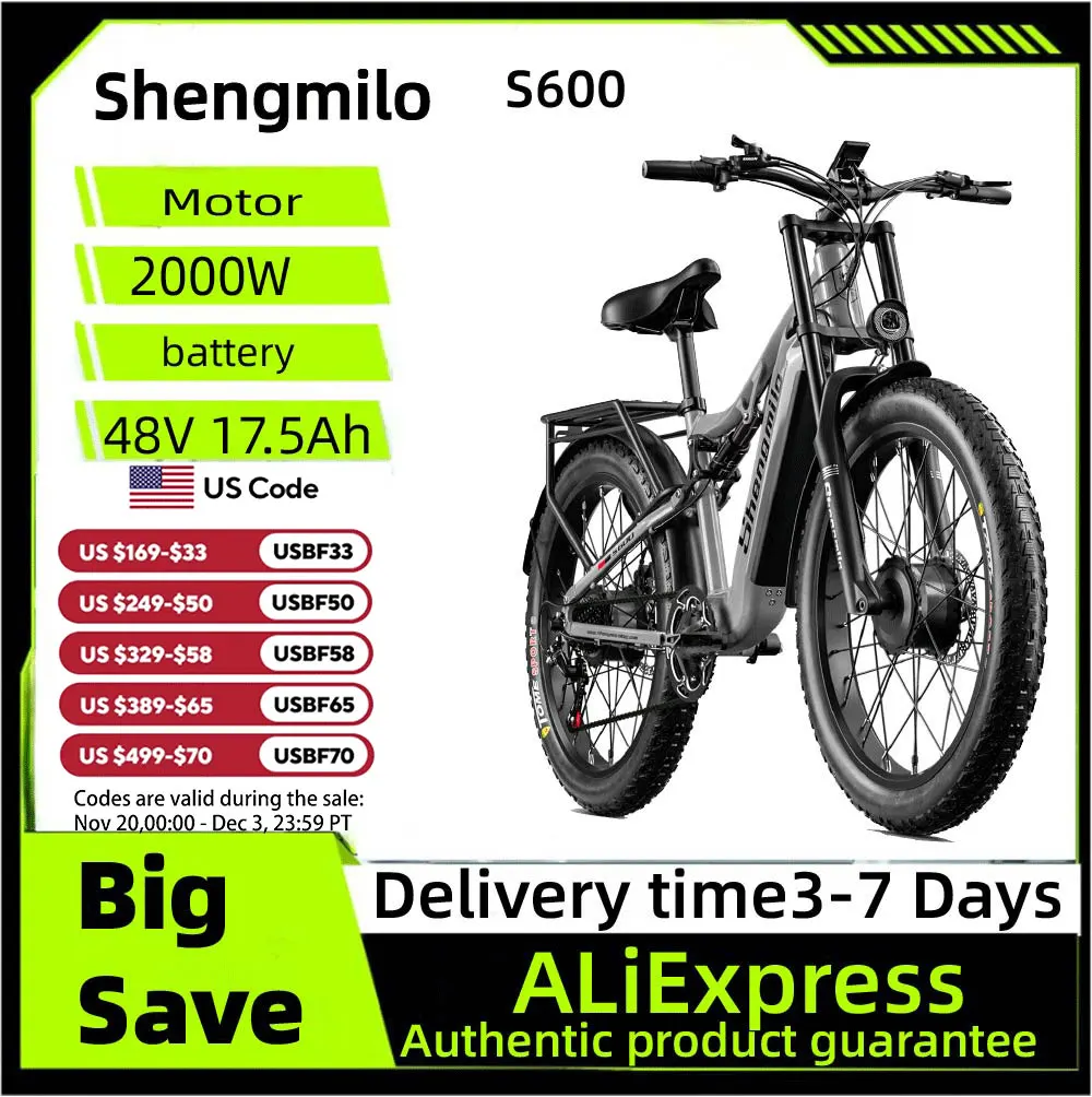 

Shengmilo S600 Adult 2000W Electric Bicycle Men's E-Mountain ebike with Two Motor, 48V840WH Battery,26" Fat Tire Electric Bike