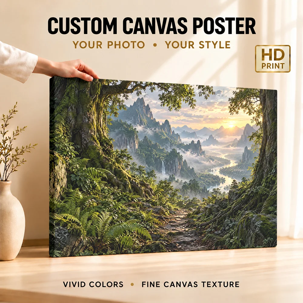 Misty Mountain Valley At Sunset Wood Framed Canvas Print Personalized Photo Colorful Scenic Illustration Wall Art For Bedroom