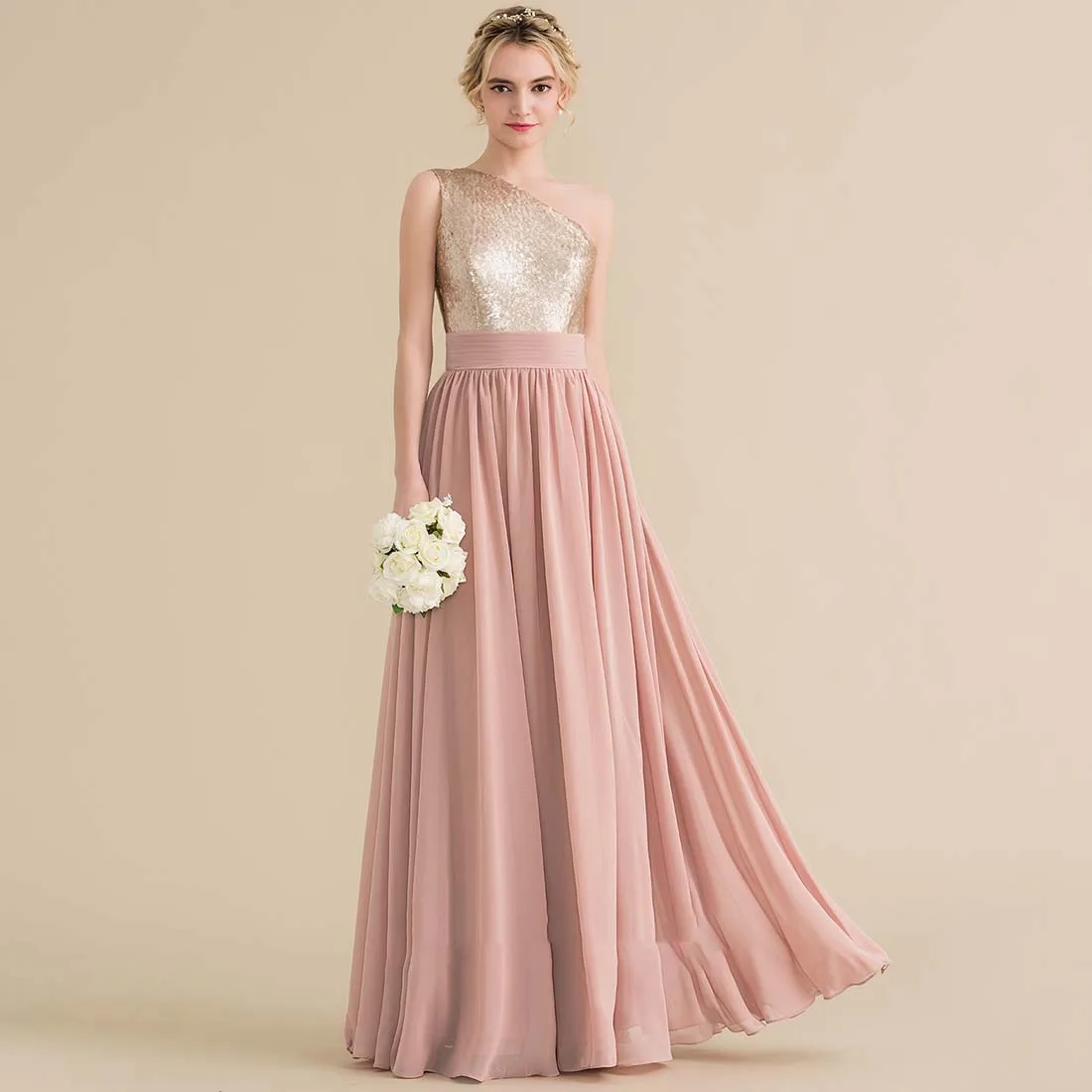 YZYmanualroom Chiffon Sequined Bridesmaid Dress A-line One Shoulder Floor-Length