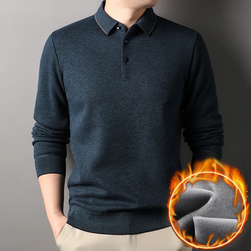 Men's Long Sleeve POLO -2024 Fleece-lined Thick Fashion Casual Pullover, Breathable Lapels T-shirt, Perfect for Golf and Sports