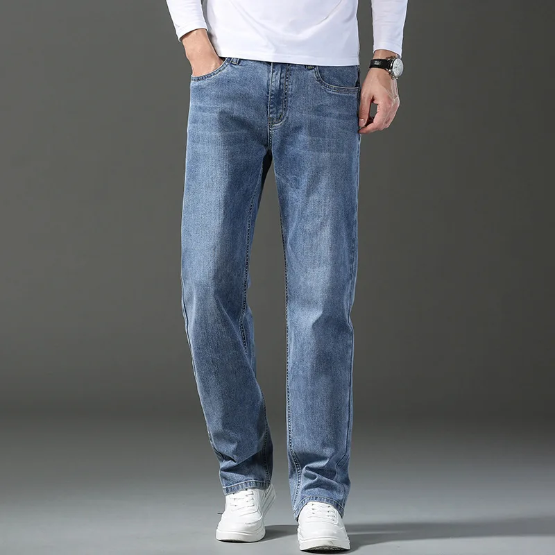 2024 Spring New Men's Stretch Loose Jeans Classic Brand Straight Business Casual Elastic Waist Denim Trousers Plus Size 42 44 46