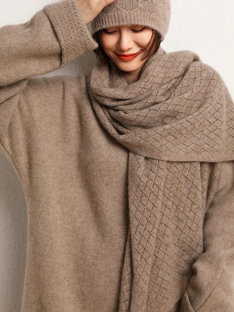 

Versatile Scarves Autumn Winter Shawl 100% Cashmere Scarf Stole Warm Women Scarf Elegant Female Sunscreen Cloak Hollow Out Knit