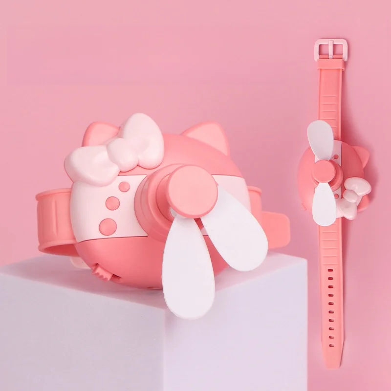 New Sanrio Hello Kitty Cute Mini Fan Watch Design For Children Portable Fan Soft Safe Strong Wind Usb Ventilation Rechargeable