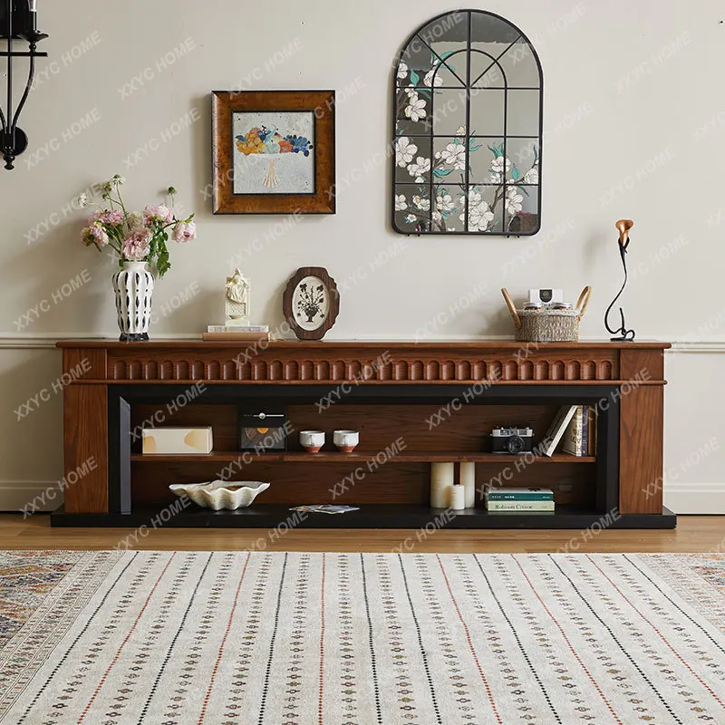 Medieval fireplace TV cabinet, narrow ultra-thin retro floor-to-ceiling integrated living room storage locker, all solid wood