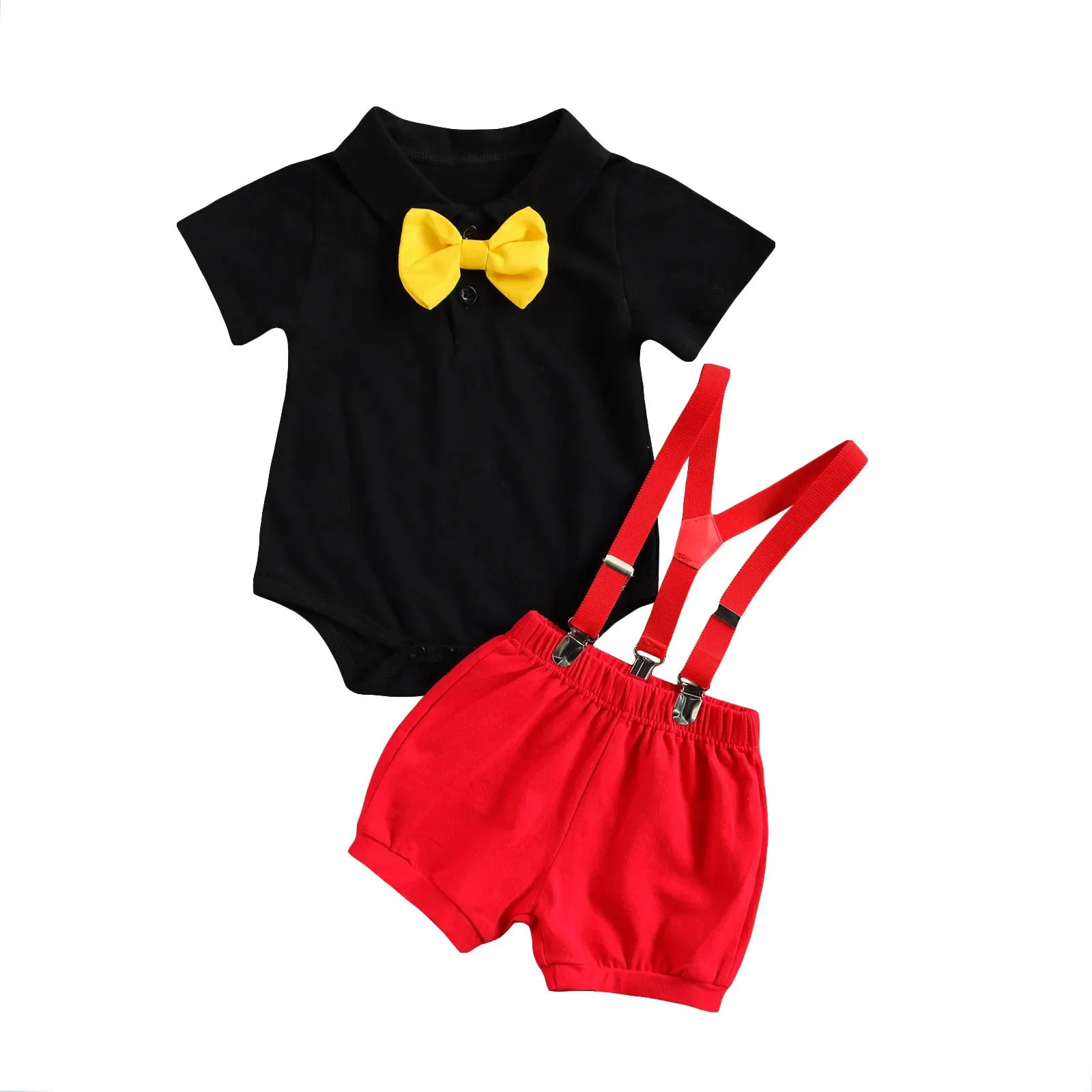 Newborn Boy Gentleman Set: Short Sleeve Romper with Suspenders Pants