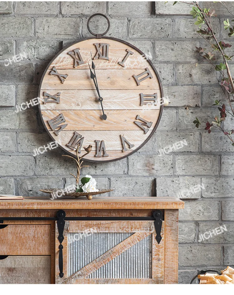New Chinese retro old wooden round creative home living room wall sofa background wall nostalgic clock decoration