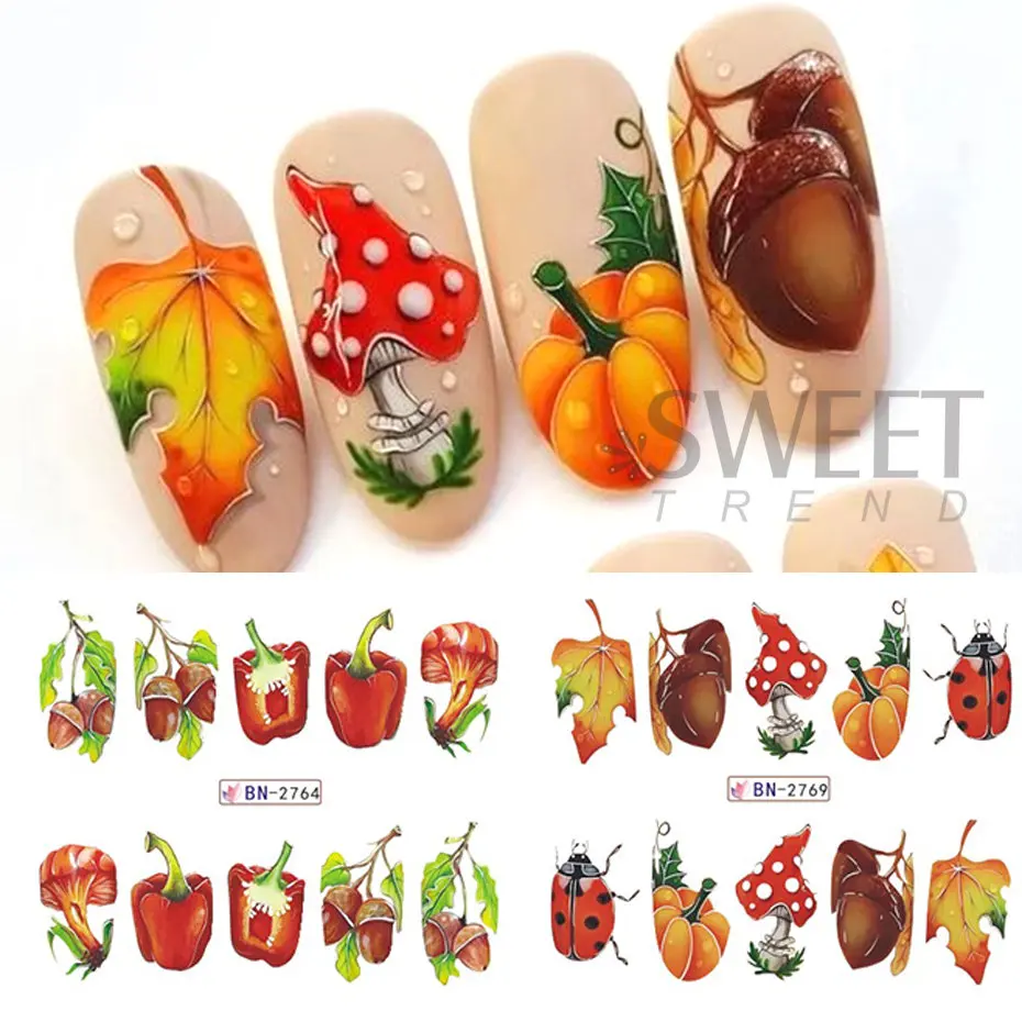 Autocollants pour les ongles, feuilles d'érable d'automne, motif dessin animé, Aliments, décalcomanies, transfert à l'eau, vernis gel, feuilles de manucure DIY, 12 pièces