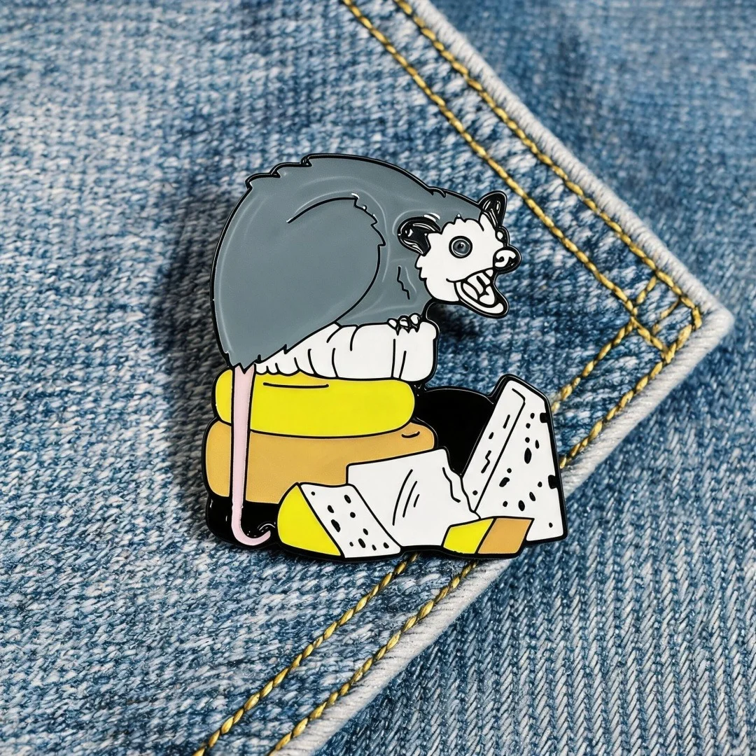Cute Opossum Cheese Enamel Brooch Pin Funny Cartoon Animal Lapel Pin Fashion Jewelry Gift