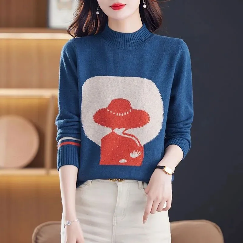 New Autumn/Winter Fashion Trend High Contrast Color Print Half High Neck Loose Versatile Western Style Simple Women\'s Sweater