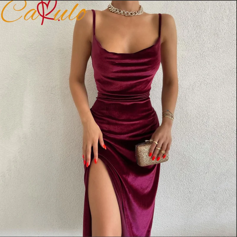 

Cakulo Velvet Swing Collar Sleeveless Slip Sexy Slit Maxi Dress 2025 New Fashion Evening Party Women Elegant Streetwear Y2K