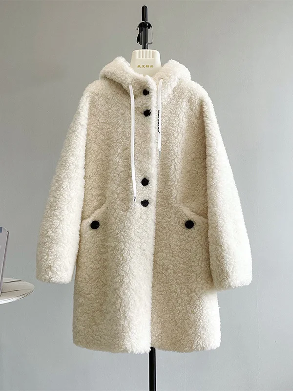 

Extra Large 300 Pou Autumn Winter Lamb Fur Hooded Jaet Women plus Size Loose Thi Warm Mid-Length Coat Youth Faion