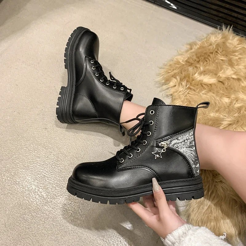 Shoes for Women Hot Sale Lace Up Women's Boots Winter Round Toe Mixed Colors Short Barrel Chunky Heels Large Size Fashion Boots