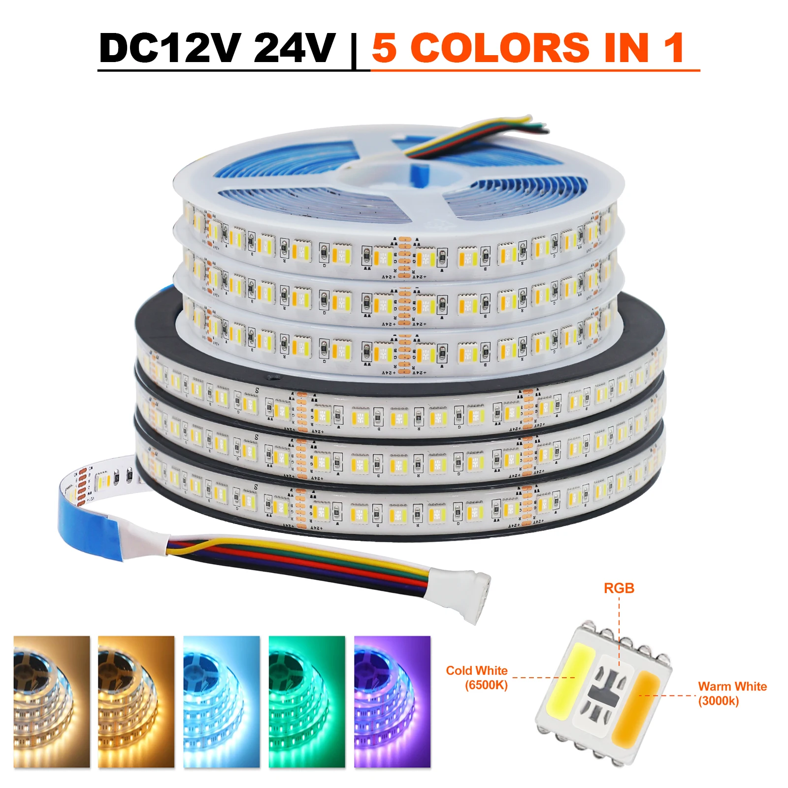 12V 24V RGBCCT LED pasek światła 5M 5 kolorów w 1 Chip CW + RGB + WW 60LEDs/M 96LEDs/M 5050 elastyczna taśma lampa wstążkowa IP20 IP65 IP67