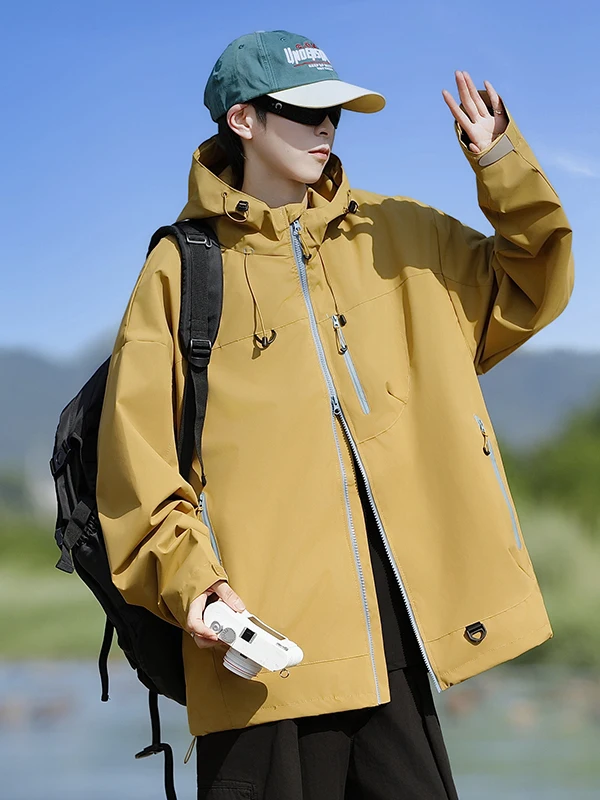 ユニセックスアウトドアフード付きジャケット2025新スタイル三防ルーズフィットプルオーバーコートユースポリエステル繊維防風長袖ジッパー開閉