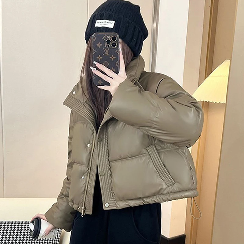 

Winter new down and cotton jacket for women no wash PU leather short style thick temperament fashion cotton jacket