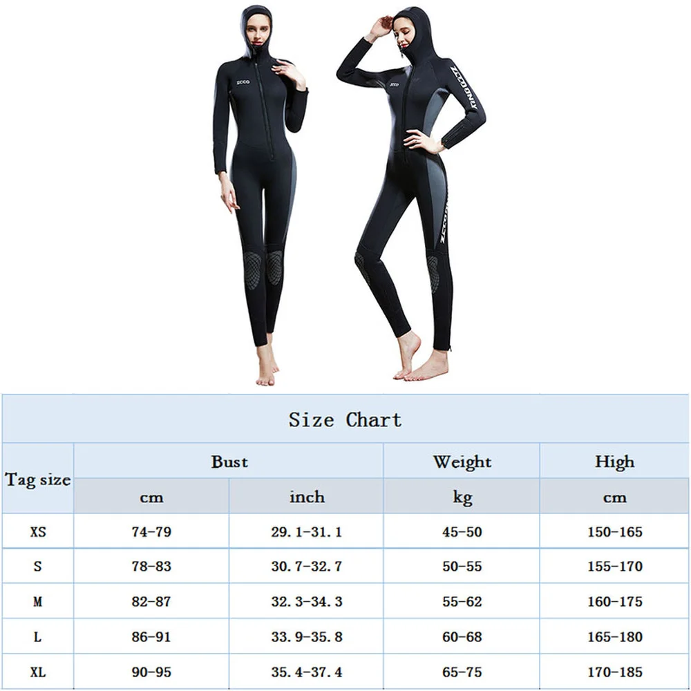 5mm Neoprene Women's Full Body Hooded Wetsuit Winter Keep Warm Thicker Front Zipper Diving Suit Surfing Scuba Snorkeling Suit