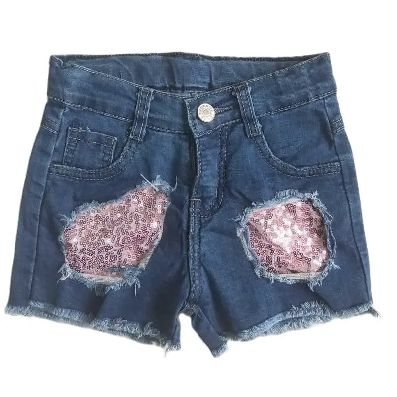 Wholesale price High Quality Kids Clothing Wholesale Girls Fashion Pink Sequin Patch Style Denim Shorts With Pocket Buttons