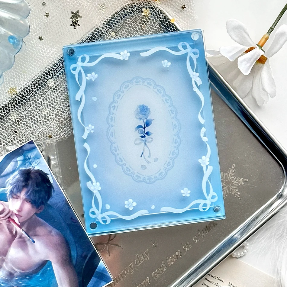 Soft Mist Floral Rose Border Acrylic Photo Case, Magnetic Layered Display Frame, for 3-Inch Photocards & 6-Inch Anime Postcard