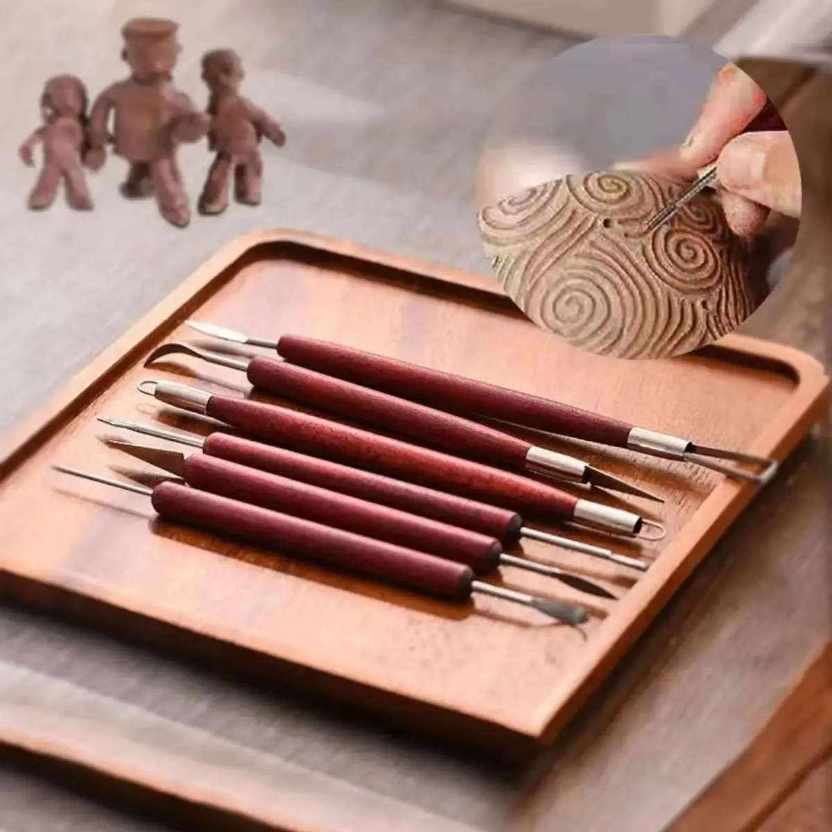 Ensemble d'outils de poterie en bois rouge, couteau métallique à double extrémité pour la réparation irrigation, sculpture en argiles, kit d'outils en céramique, 6 pièces/ensemble