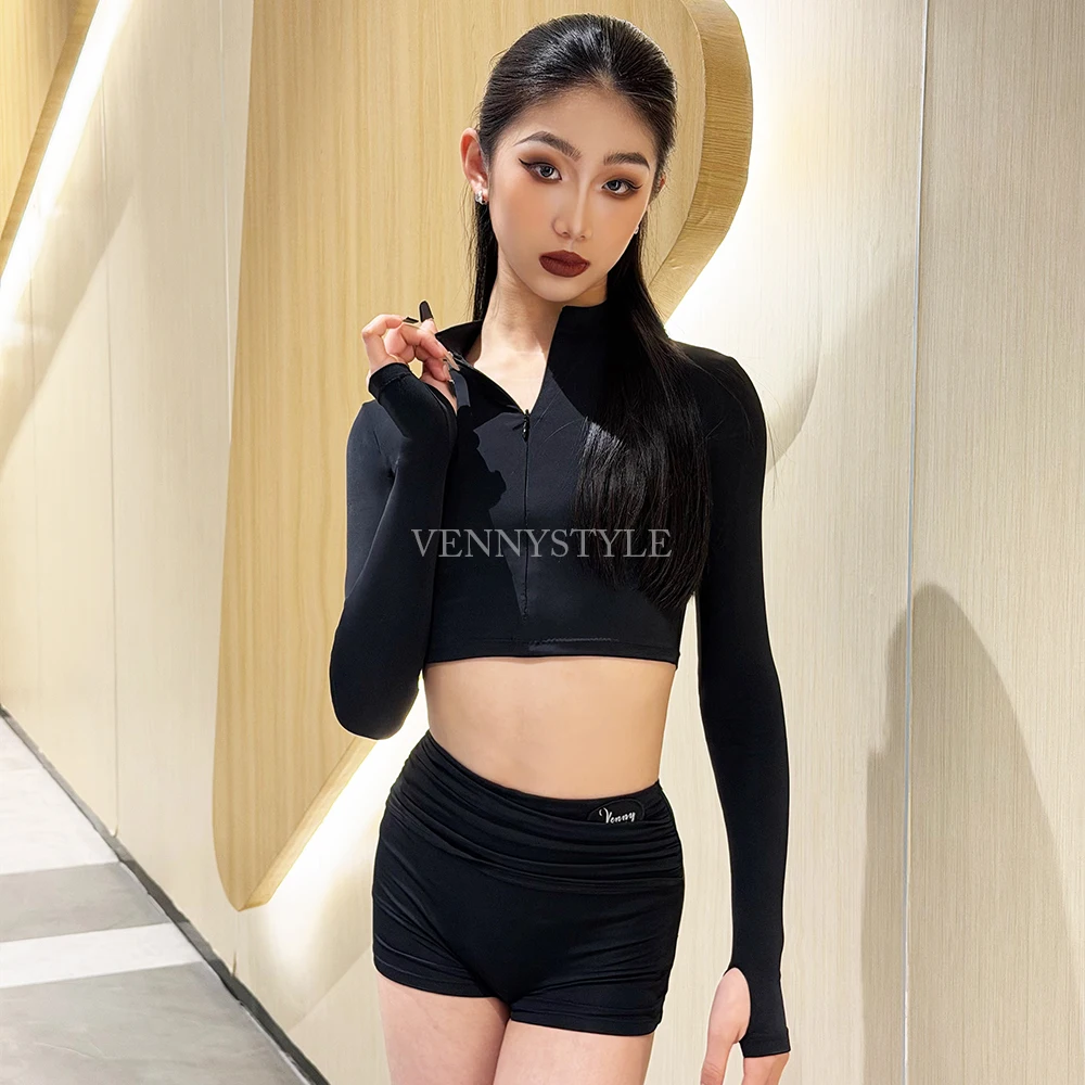 

Vennystyle Latin dance costume for girls new long sleeve jacket and shorts practice wear set 2026 ballroom competition outfit