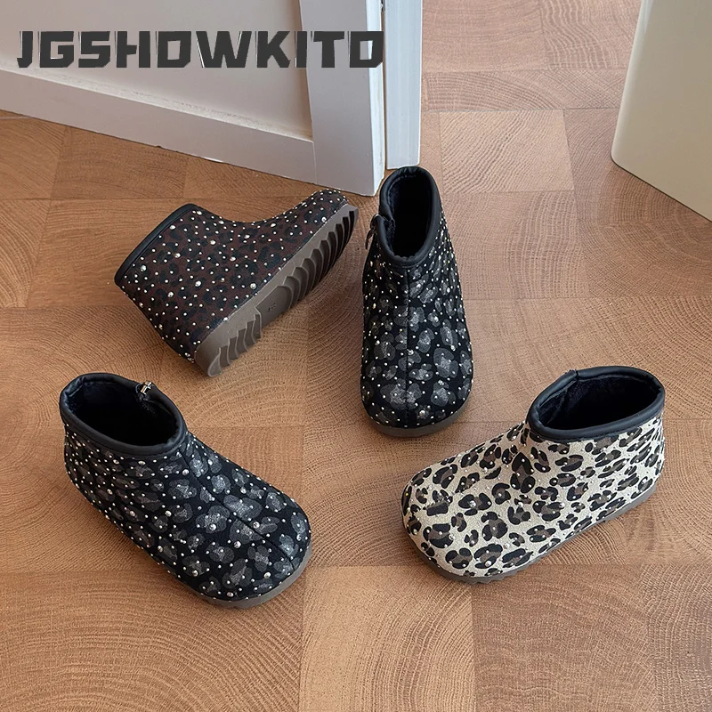 JGSHOWKITO Girls Leopard Boots Winter Luxury Rhinestone Children Ankle Plush Boots Side Zipper Outdoor Warm Kids Thermal Boots