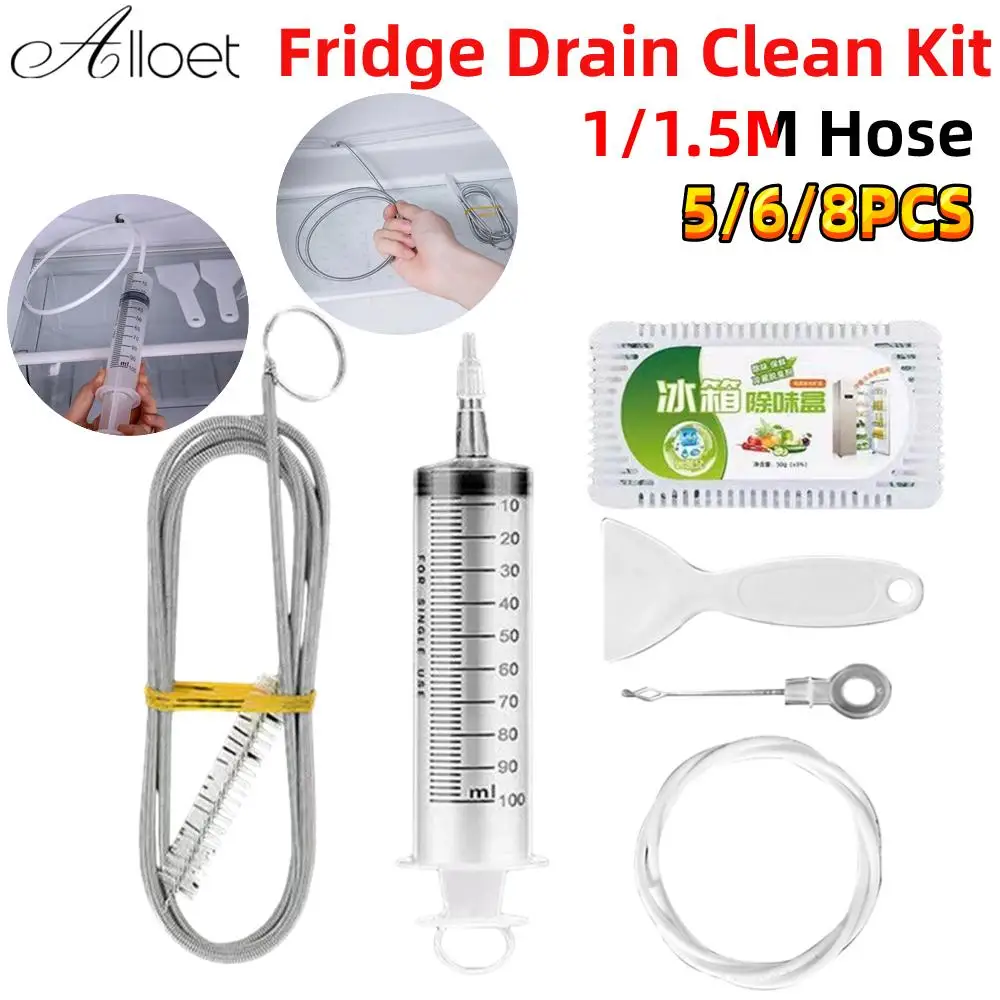 

5-8Pcs Clean Brush Kit For Refrigerator Drain Wash Brush Suction Syringe 1/1.5M Hose Fridge Drain Hole Cleaner Stick Dredge Tool