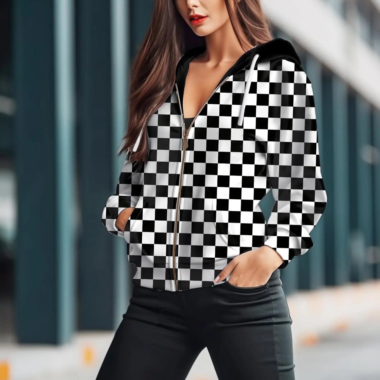 Women's Zip Front Plaid Sweatshirts Print Hoodie Fall Jackets Long Sleeve Casual Drawstring Clothes