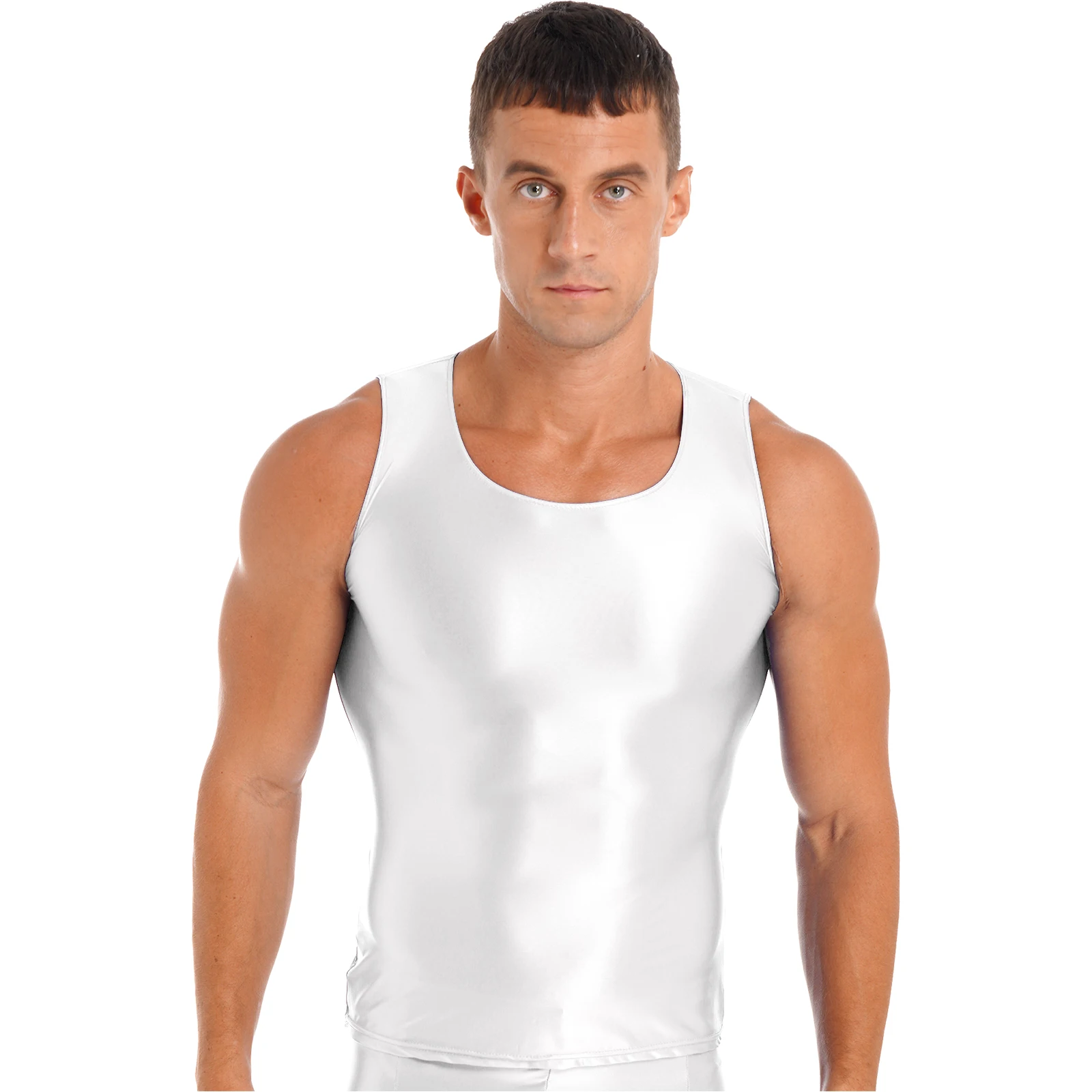 Mens Glossy Smooth Tank Top Sleeveless Solid Color Stretchy Vest Yoga Fitness Waistcoat Sportswear Swimsuit Beachwear Sleepwear