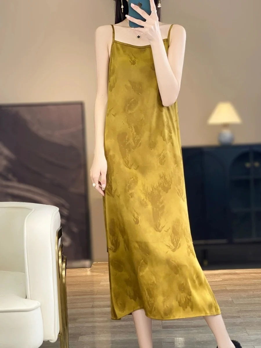 فستان Ele Summer Silk Satin Long Dr للنساء على شكل حرف A مع تصميم حزام التخسيس المطرز من الأسيتات لـ Ocns غير الرسمي