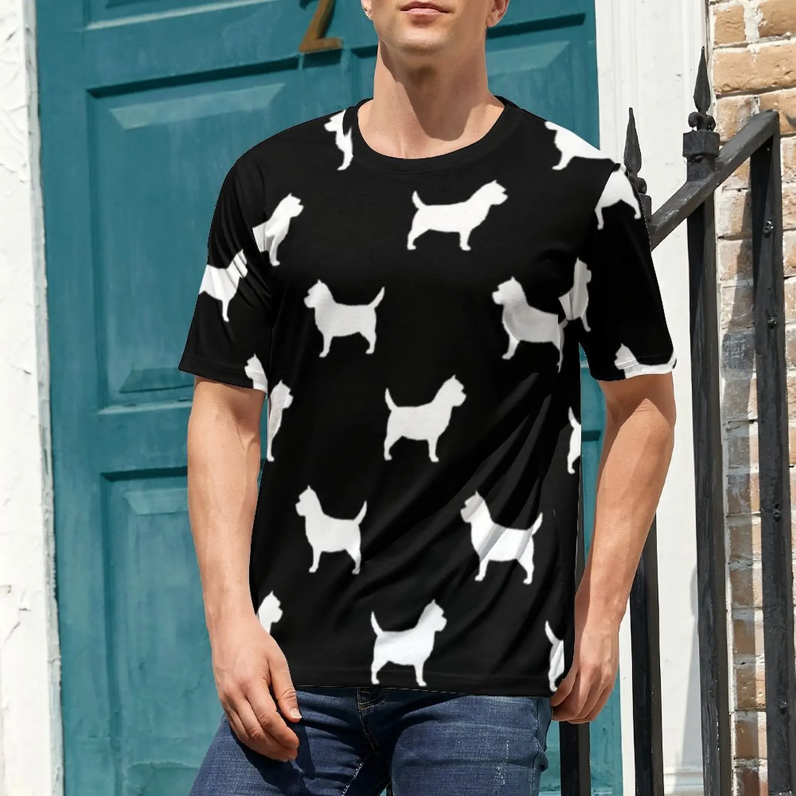 Big Size T-Shirt Beach Dog Art White T Shirts Cairn Terrier Silhouette Casual O Neck Tee Shirt Male Vintage Pattern Tees