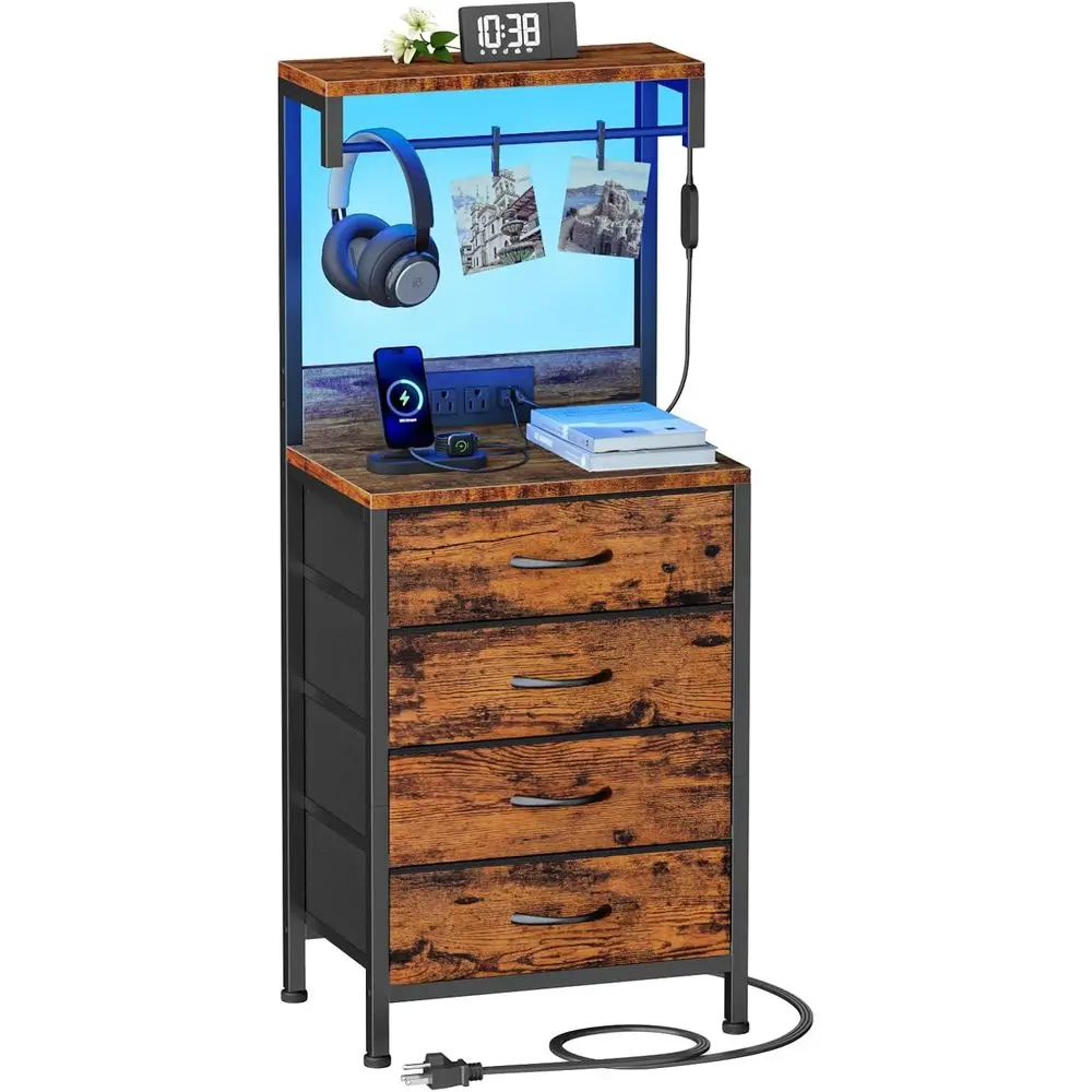 

38 Tall Nightstand with 4 Fabric Drawers, LED Lights, Storage Shelf for Bedroom or Office, Metal and Wood, Rustic Brown