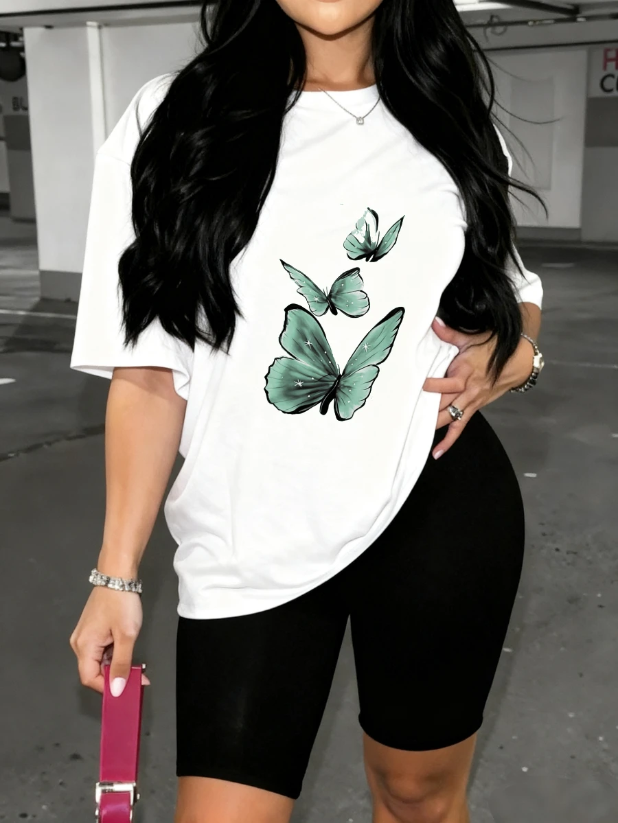 

Plus Size - Ladies Plus Size Watermark Floral Craft Three Butterfly Print Fabric Versatile Casual T-Shirt