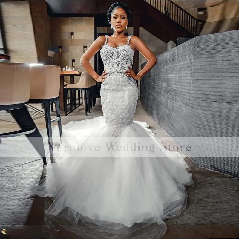 

Plus Size African Wedding Dress Mermaid Lace Bridal Gowns Spaghetti Straps White Long Vestido De Novia Robe De Mariée Customized