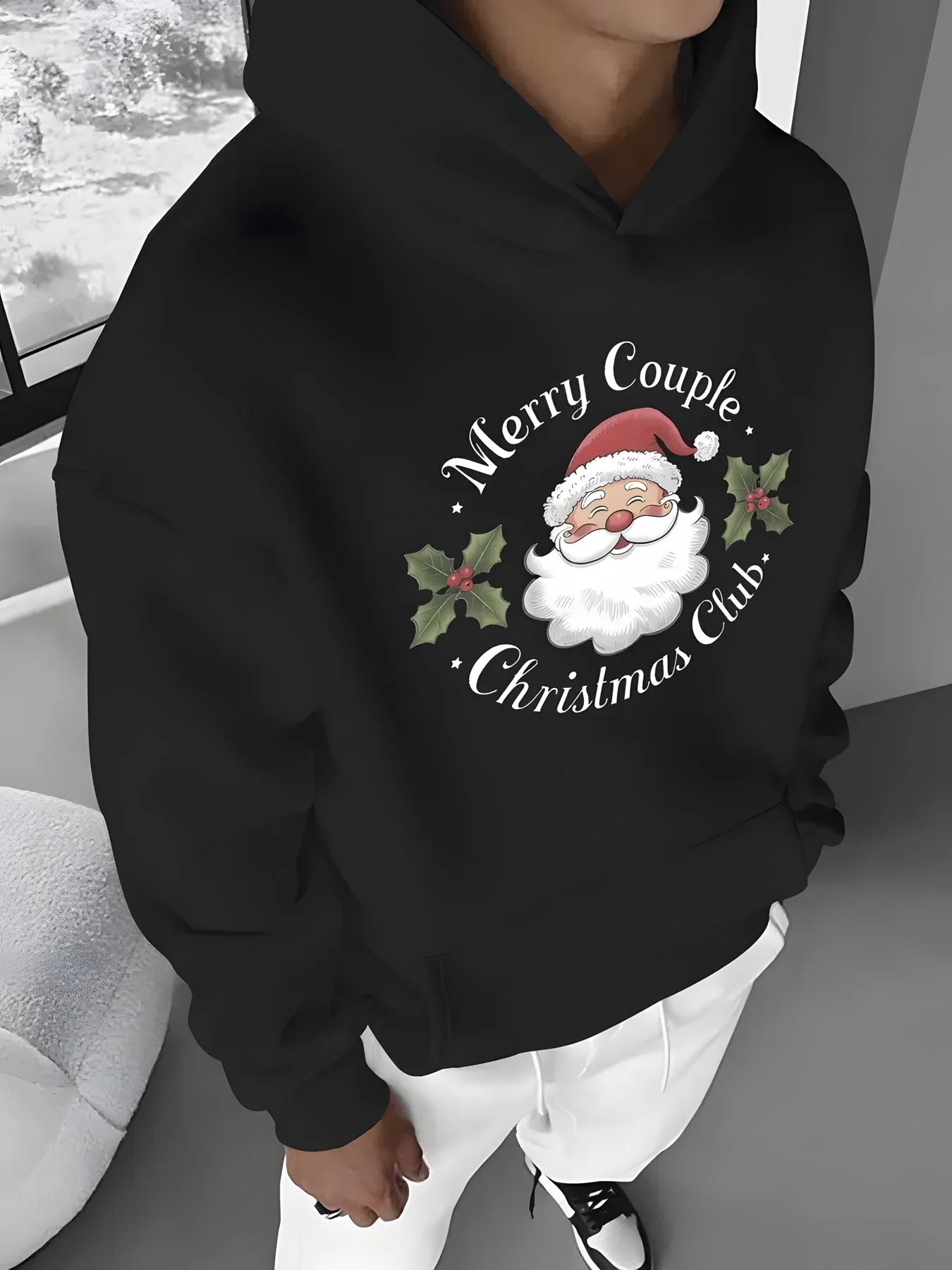 

Мужская толстовка с капюшоном черного цвета с принтом — свободная посадка, надпись с Рождеством и рисунком Санта-Клауса, прочная ткань, которую можно стирать в машине