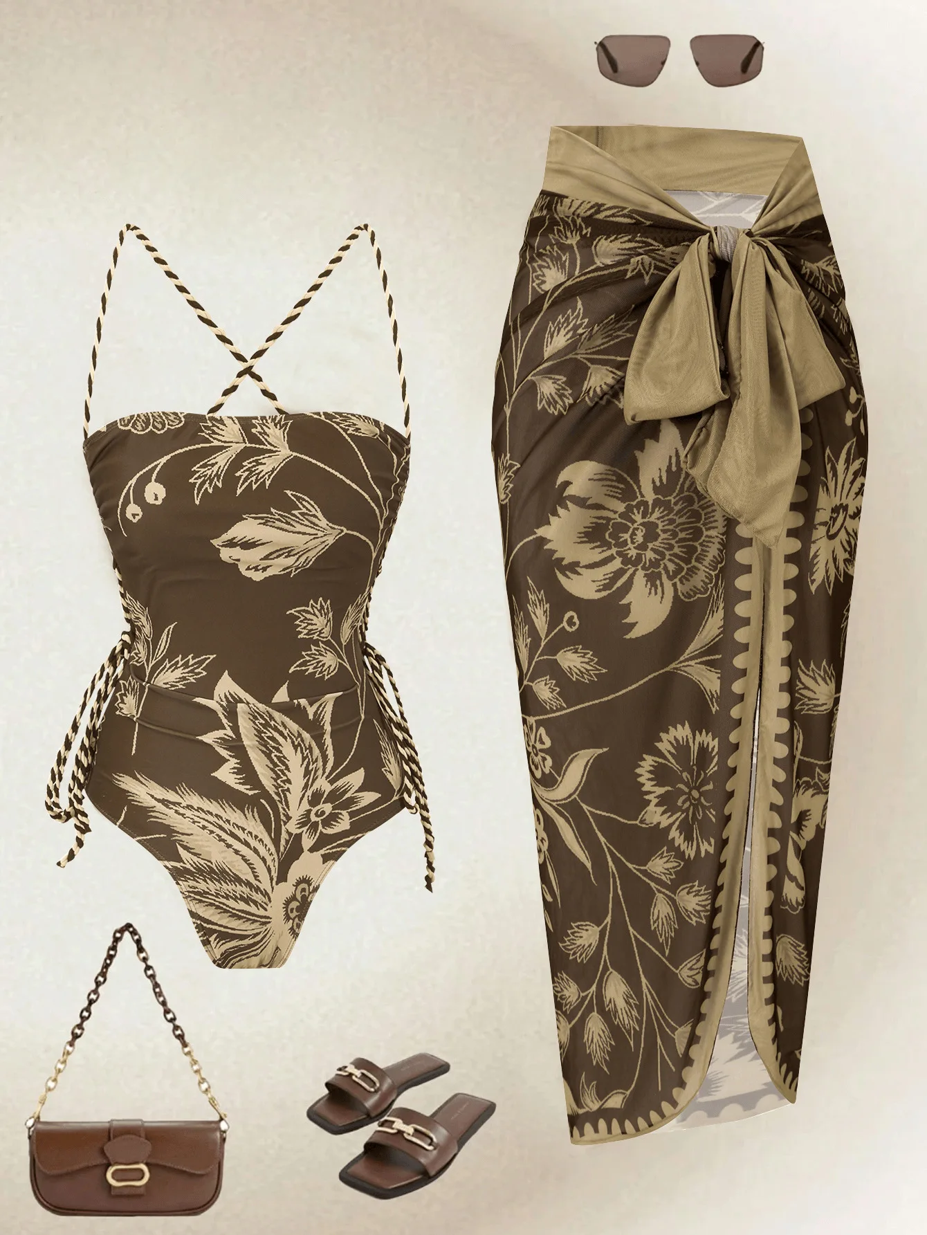 2026 Elegant One Piece Swimsuit with Skirt Women Two Piece Swimwear Set High Waisted Tummy Control Bathing Suit Beach Vacation