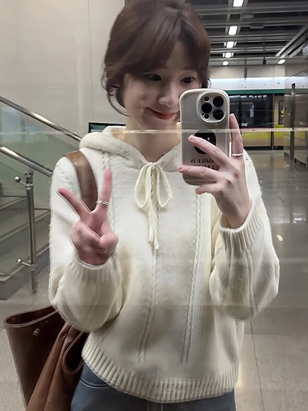 

2025 Autumn Winter New Sle Women's Loose Slimming Knitted Long Sve Hoodie Comfortable Soft Medium Thin Warm Top