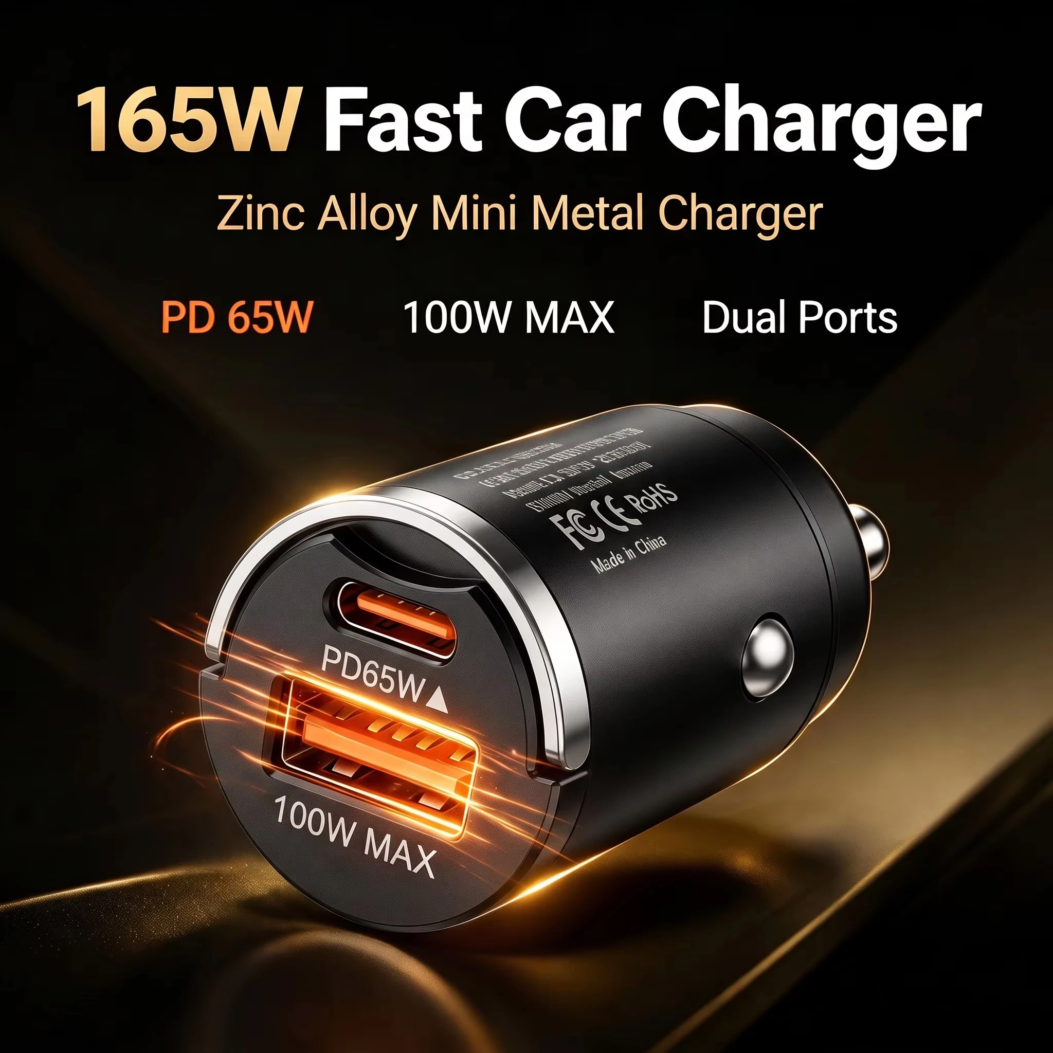 165W Hochleistungs-Autoladegerät mit PD 65W Typ-C- und 100W USB-A-Anschlüssen für Smartphones, Tablets und Laptops, Robustes Mini-Gehäuse aus Zinklegierung – Detail 1