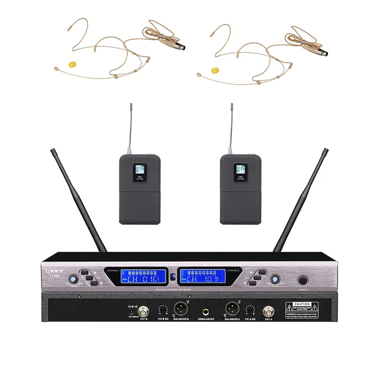 UD2804 UHF Pro Two Channels Cordless mic w/ small body waist pack and headset headphones Wireless conference Microphone