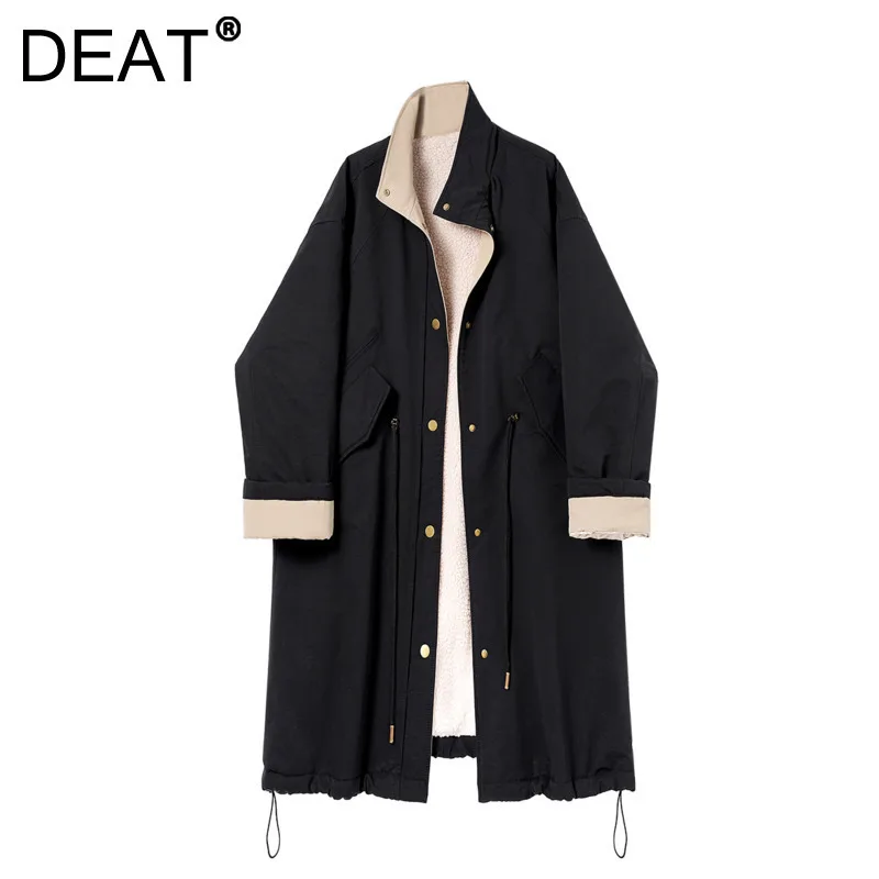 DEAT Women Trench Coat Stand Collar Plush Straight Drawstring Lamb Wool Loose Causal Windbreaker 2024 Winter New Fashion 29L9160