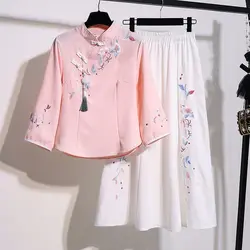 2022 Spring Autumn Chinese Traditional Hanfu Embroidered Linen Cotton Top Super Fairy Bust Chiffon Skirt Suit Female Student Set