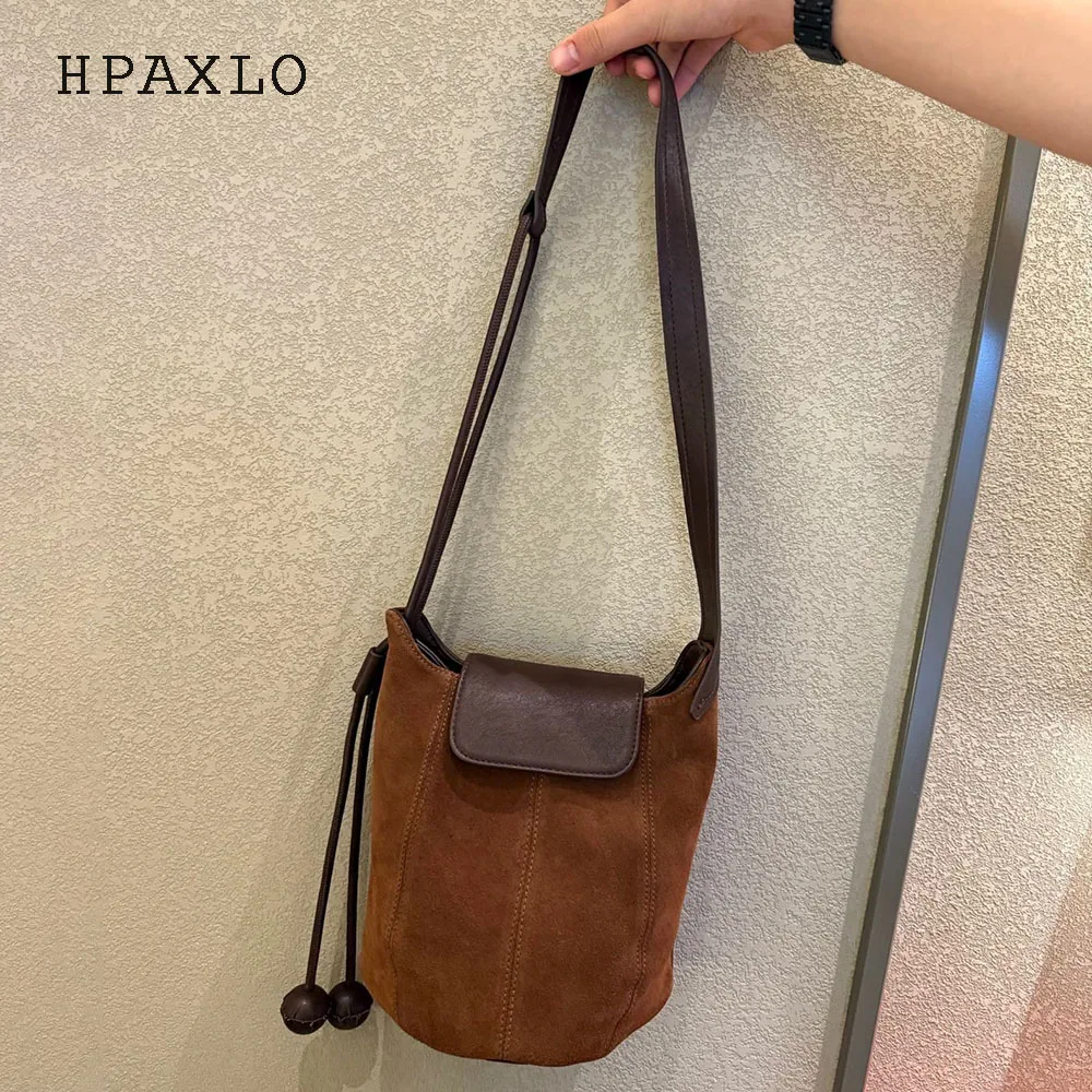 

Сумка-ведро в стиле ретро для женщин, замшевая кожаная сумка через плечо, винтажный стиль, новый дизайн, осенне-зимние сумки для женщин