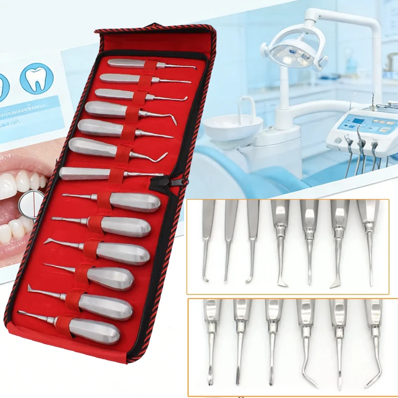 13Pcs Dental Lift Minimally Invasive Tooth Extraction Instruments Stainless Steel Straight & Curved Dentist Tool