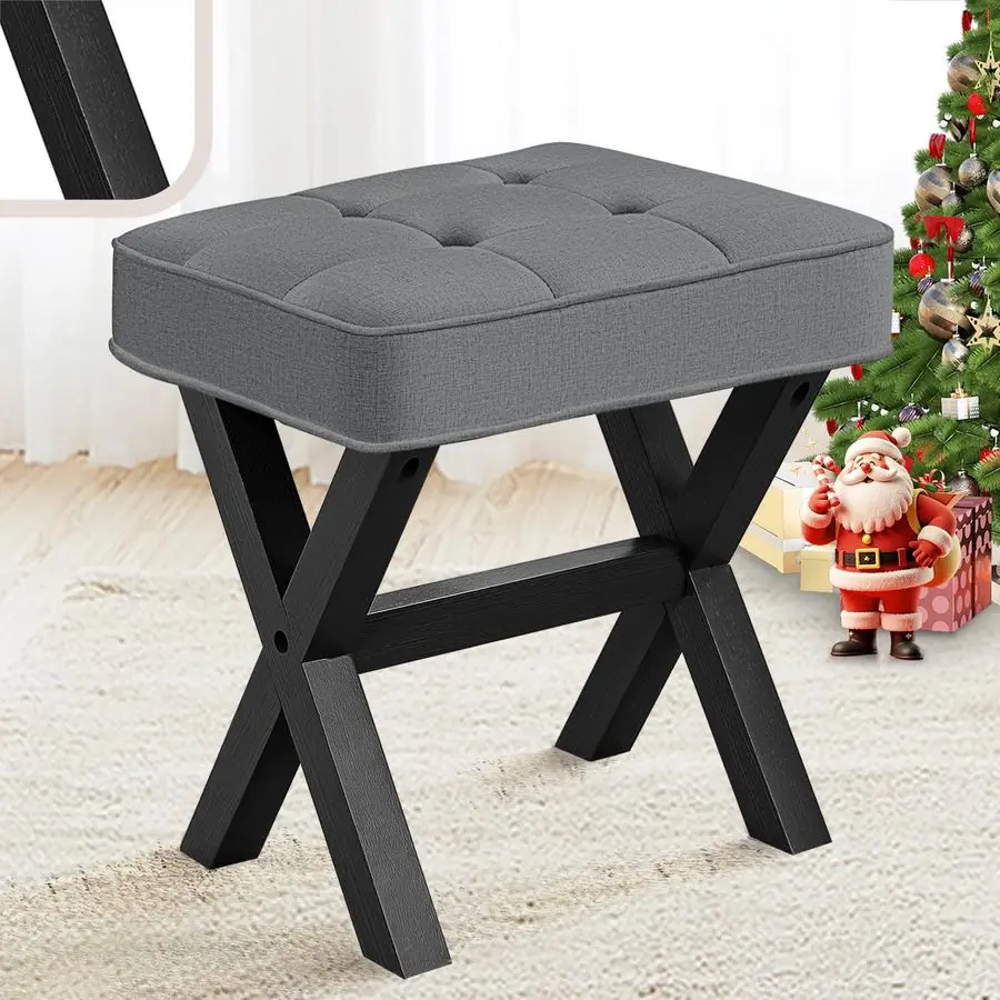 

Табурет для ног, обтянутый тканью, с черными деревянными ножками-крестовинами, небольшой табурет для туалетного столика, тканевый табурет для ног 18 дюймов, прямоугольный